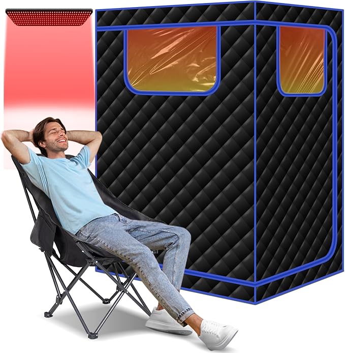 Smartmak Portable Infrared Sauna,1 or 2 Person Oversize Infrared Sauna Box with 660nm Red Light Therapy, Full Body Sauna Tent for Home, Folding Chair (Blue-2 Person) Smartmak