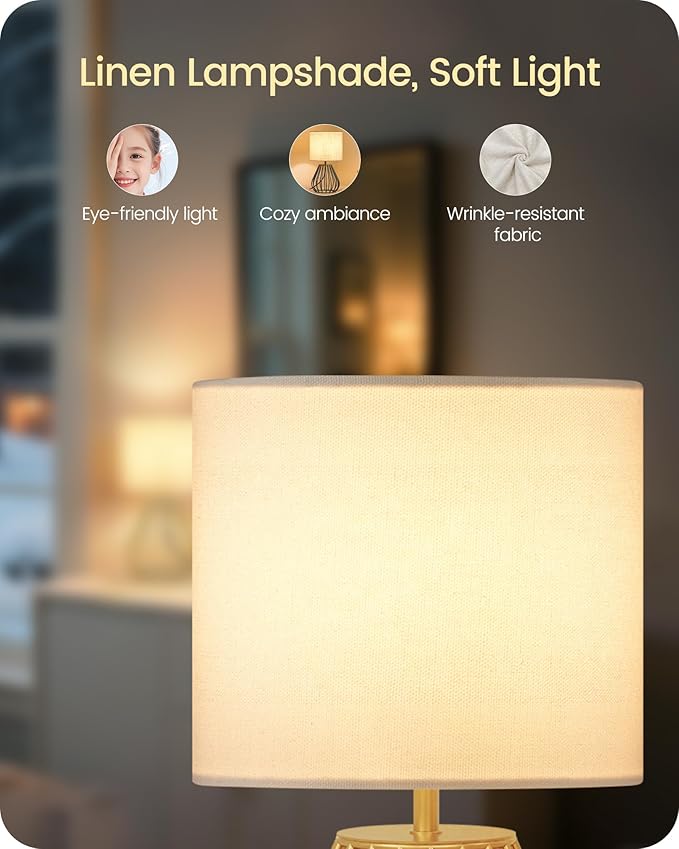 Gold Table Lamp Set of 2, Small Bedside Lamp with Gold Metal Base & White Linen Lampshade, Modern Nightstand Lamp, Little Cute Desk Lamp for Bedroom, 2700K LED Bulb Included DCW06TLP205 - Bloomnest