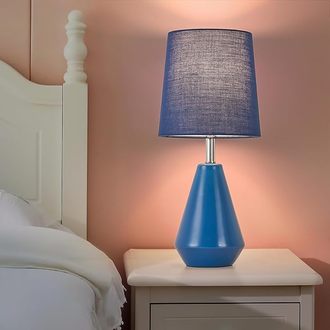 Small Bedside Table Lamp for Bedroom - Reading Desk Lamp with 3 Color Temperatures，15.5" Nightstand Ceramic Lamp with Fabric Shade for Kids Room,Living Room,Dorm,Home Office (Blue) - Bloomnest
