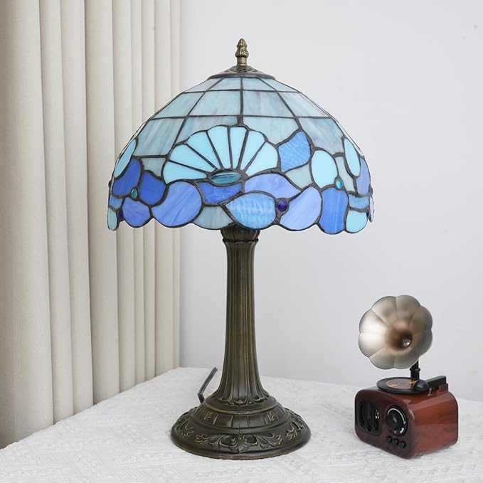 Blue Sea Style Stained Glass Table Lamps Shell Tiffany Lamp Bedroom Bedside Living Room Aesthetic Vintage Accent Farmhouse Night Light for End Table Office Nightstand End Table Desk Reding 12X19 Inch - Bloomnest