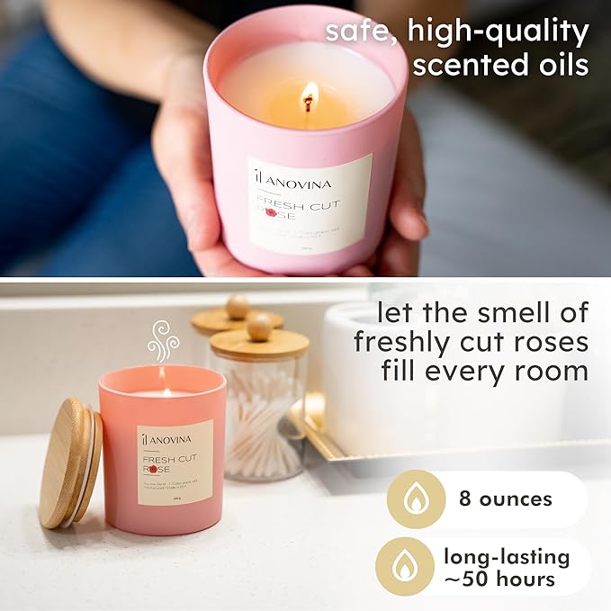 Anovina Rose Scented Candle – Long-Lasting Soy Wax Blend, – Non-Toxic Floral Candle for Home Décor & Relaxation – Aesthetic Gift for Women - Bloomnest