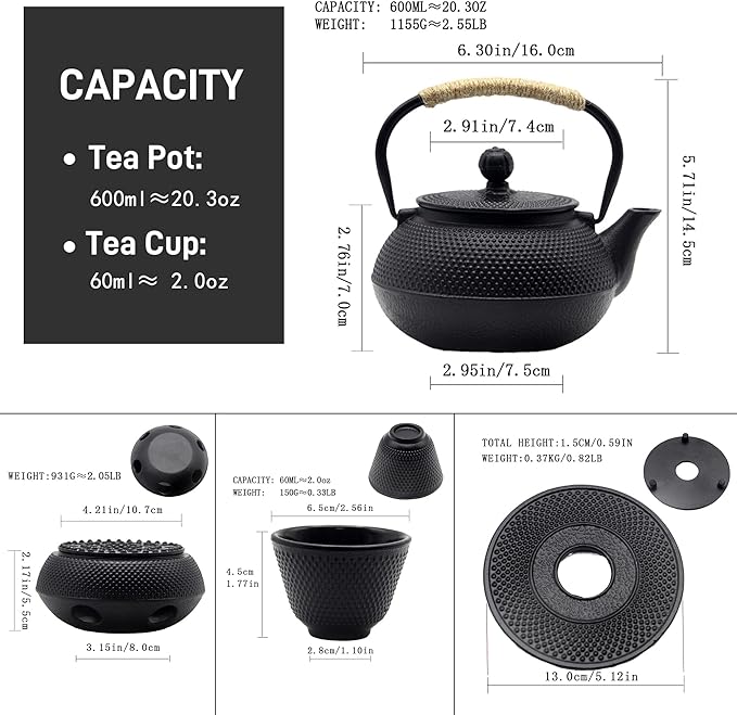 YJX Cast Iron Teapot Set with Cast Iron Warmer, Japanese Tetsubin Tea Kettle Set with Cups,Cast Iron Teapot with Stainless Steel Infuser and Enameled Interior(600ml Teapot Set Combination 1), Black - Bloomnest