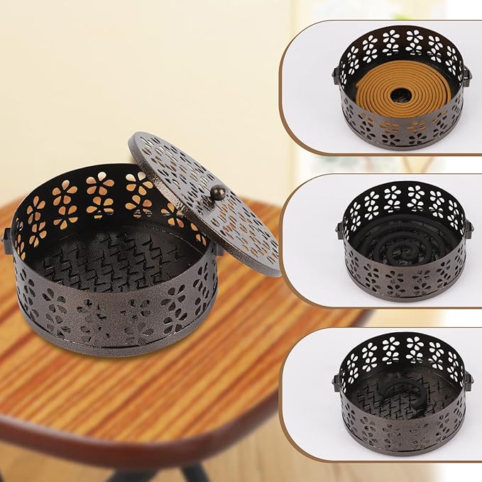Portable Iron Mosquito Coil Holder with Handle Round Heat-Resistant Incense Holder for Home Office Camping (Bronze) - Bloomnest