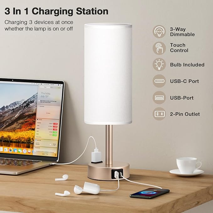 Antique White Bedside Table Lamp for Bedroom - 3 Way Dimmable Touch Lamp USB C Charging Ports and AC Outlet, Small Lamp Gold Base Round Flaxen Fabric Shade for Living Room, Desk, LED Bulb Included - Bloomnest
