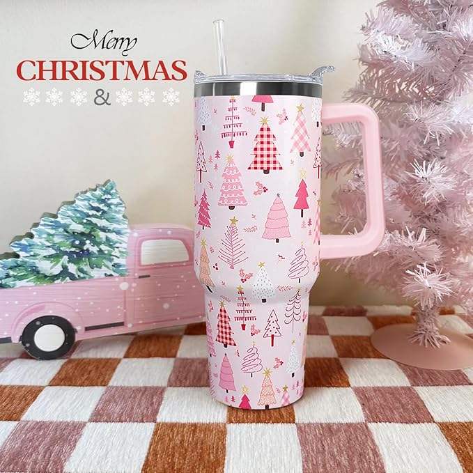 Ceovfoi 40 Oz Pink Christmas Tree Tumbler With Handle,Christmas Tree Coffee Travel Mug Cup,Christmas Decor,Christmas Gifts for Women - Bloomnest