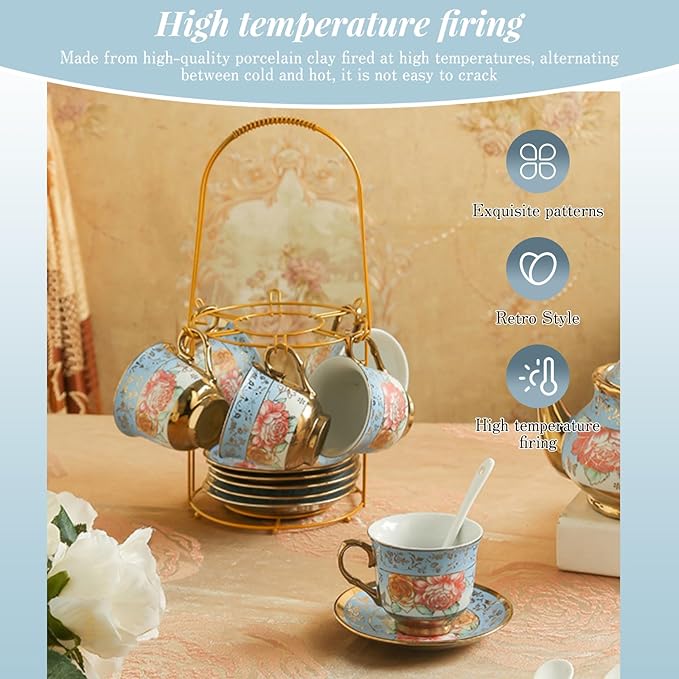 20Pcs Porcelain Tea Set for Adults, European Ceramic Tea Set Flower Ceramic Tea Cups, Teapot, & Saucers with Metal Holder for Women Tea Party (Blue) - Bloomnest