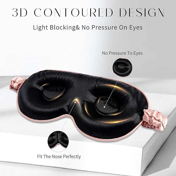 100% 22 Momme Mulberry Silk Sleep Mask, Eye Cover for Sleeping, Blackout 3D Sleep Masks for Lash Extensions with Adjustable Strap for Men and Women (Rose Gold) - Bloomnest