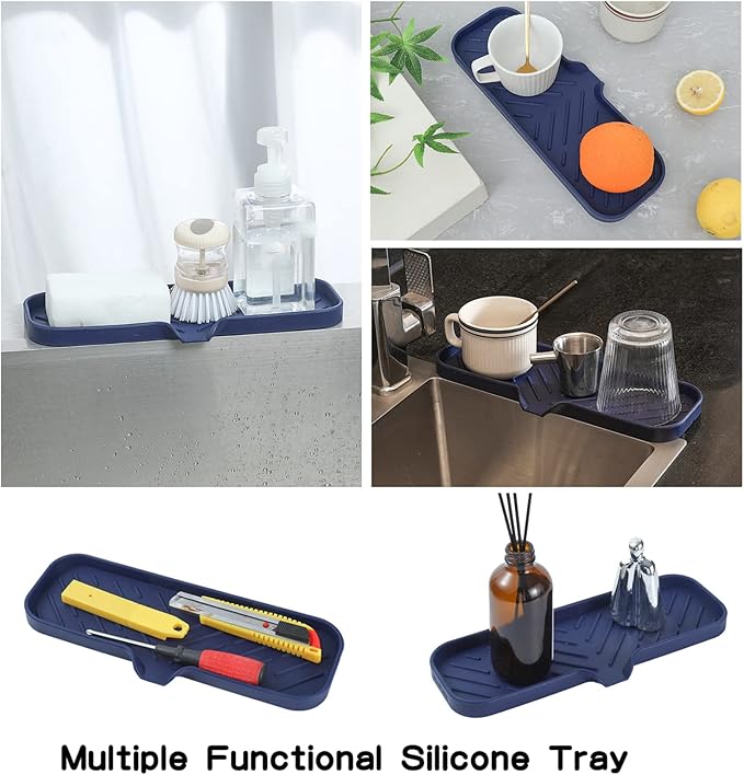 Silicone Bathroom Soap Dishes with Drain Spout-Kitchen Sink Organizer,Sponge Holder,Dish Soap Tray,Perfect for Dispenser,Scrubber,Bottle,Cup on Sink or Counter-Navy Blue 12"×4" - Bloomnest