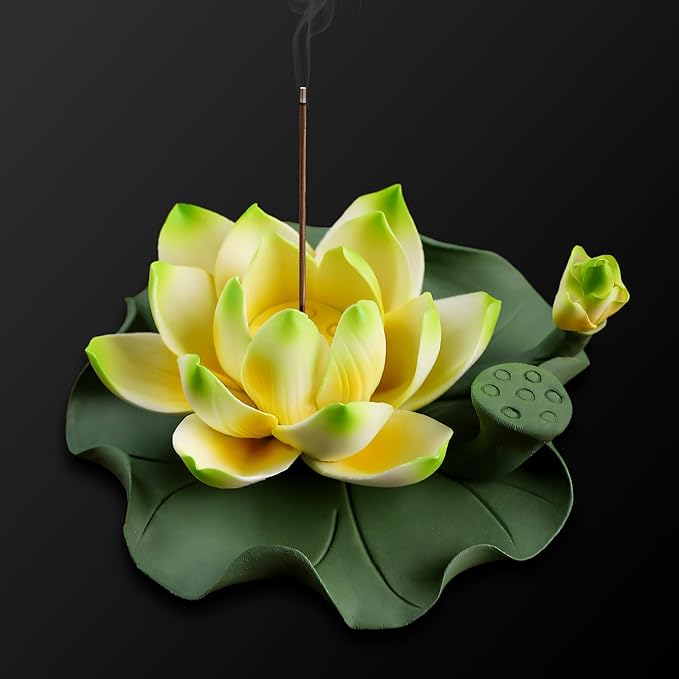Lotus Incense Burner - Incense Burner Holder for Home Incense Holder Decor Incense Holder for Sticks Yoga, SPA(Z4-Green Yellow) - Bloomnest