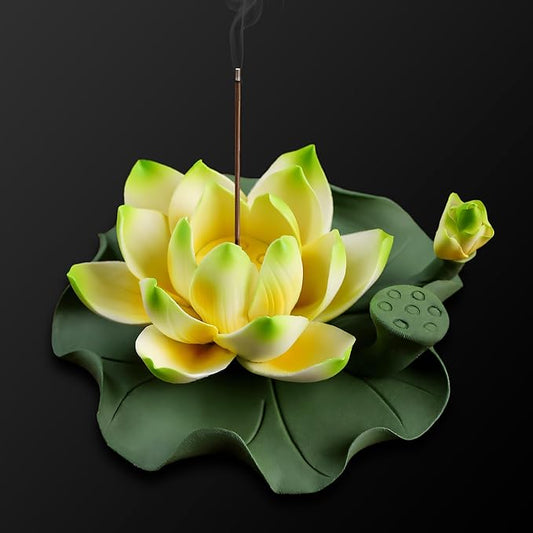 Lotus Incense Burner - Incense Burner Holder for Home Incense Holder Decor Incense Holder for Sticks Yoga, SPA(Z4-Green Yellow) - Bloomnest