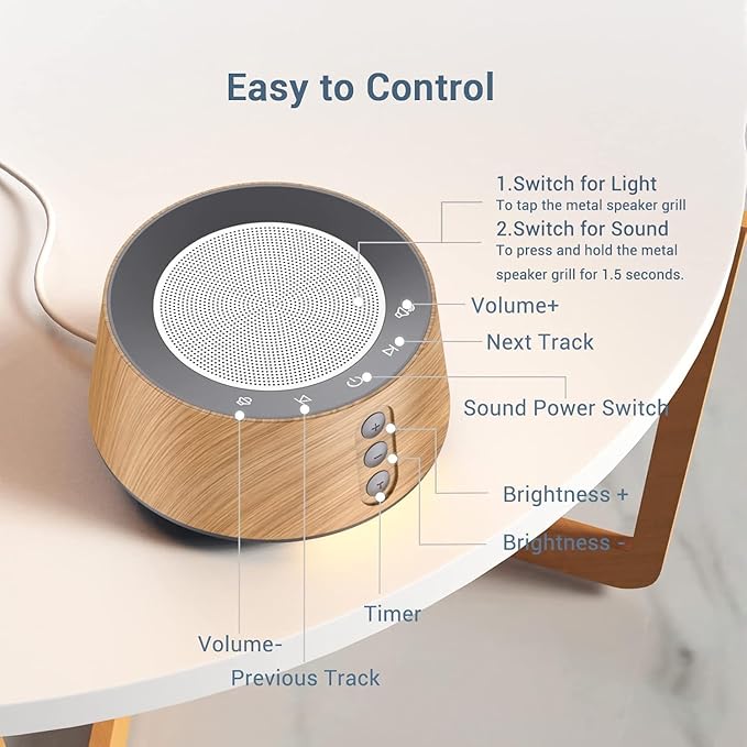 BGOVERSS White Noise Sound Machine with 20 Soothing Sounds, 10 Colors Night Light Sleep Machines Home Office Travel, 5 Timers and Memory Feature Sound Machine for Nursery Baby Kids Adults (Wood) - Bloomnest