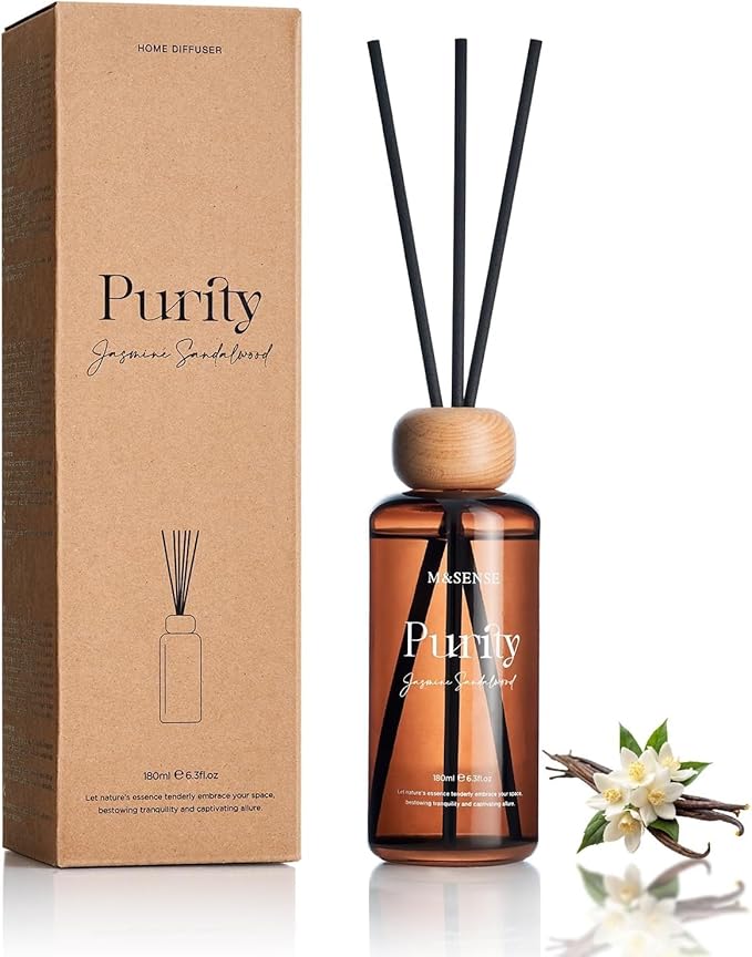 M&SENSE Reed Diffuser Set, Jasmine Sandalwood Scented 6.3 fl oz Natural Essential Oil Diffusers with Sticks, Non-Toxic Organic Air Freshener, Long-Lasting Fragrance Oils for Home Bathroom Living Room MSENSE