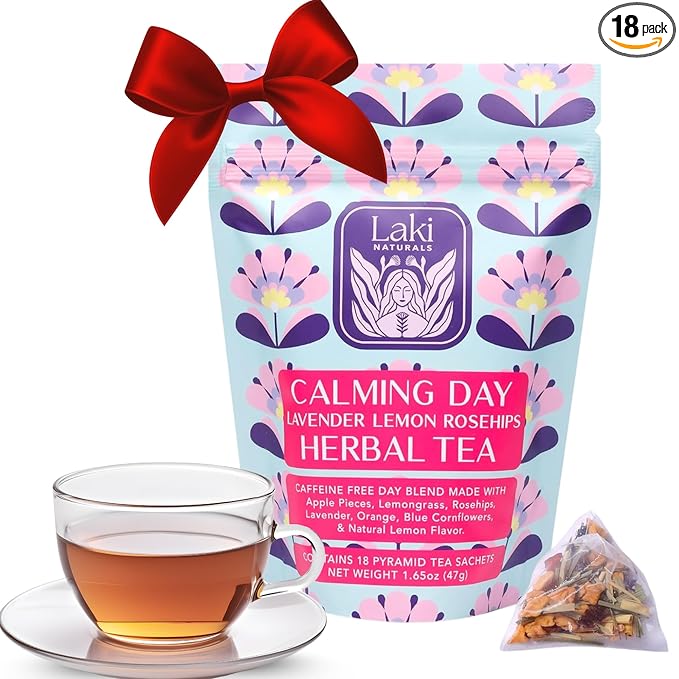 Calming Day Herbal Tea (1.65 oz, Pack of 18 Tea Bags) – Relaxing Caffeine-Free Tea with Lavender, Rosehips and Lemongrass – Gift for focus, clarity, relaxation and wellness - Bloomnest