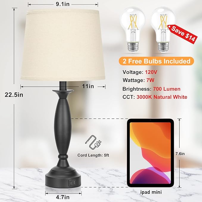 Seealle Beige Lamps for Bedrooms Set of 2 - Touch Control Bedside Lamp with USB C+A, 3 Way Dimmable Nightstand Lamps with USB Port, Table Lamp for Living Room(Beige Shade and Black Base) - Bloomnest