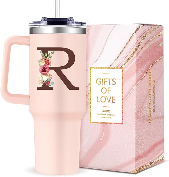 Monogrammed 40oz Tumbler with Handle for Women, Personalized Birthday Gifts for Women,Initial Cups for Woman Floral Letter R,Customized Gifts for Female Lady Gift for Mothers Day Christmas - Bloomnest