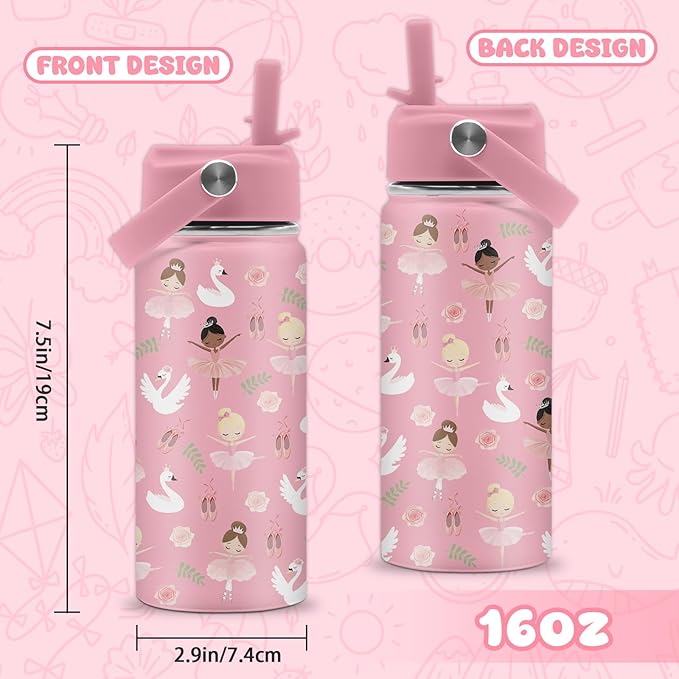 Ballet Water Bottle, 16oz Ballerina Girls Stainless Steel Insulated Water Bottle with Straw Lid, Ballerina Cup Tumbler Birthday Gifts for Kids Teen Girls School - Bloomnest