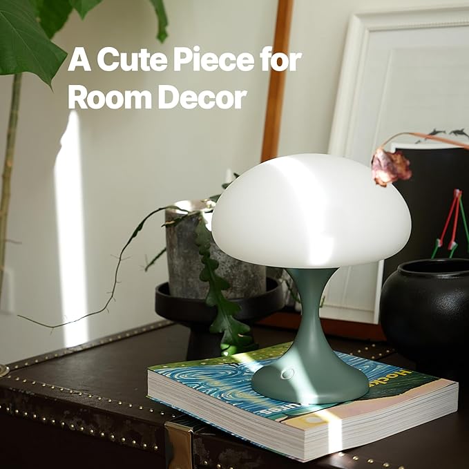 Mushroom Lamp, 5W LED Cordless Rechargeable Table Lamp with Glass Shade, Small Retro Dimmable Touch Light with 3 Color Temps, Aesthetic Mid Century Bedside Light for Bedroom Ambient, Green - Bloomnest