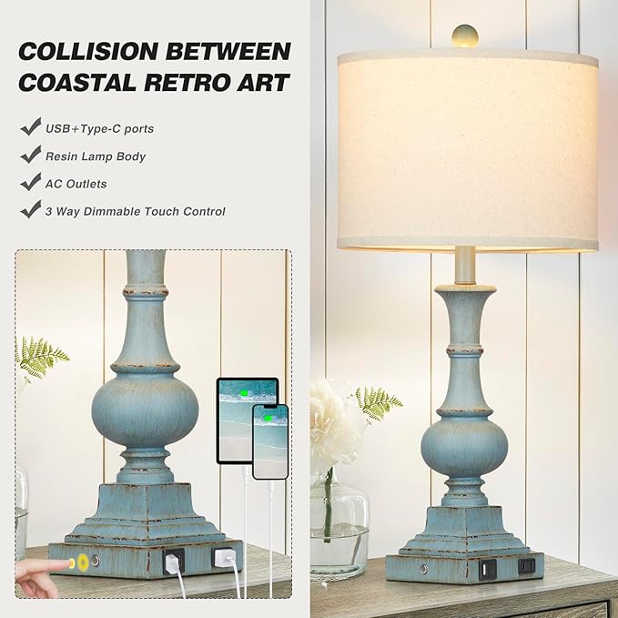 Farmhouse Table Lamps Set of 2, Rustic Touch Control Bedside Lamps with 2 USB Ports & AC Outlet, Vintage Resin 3-Way Dimmable Nightstand Lamp Linen Fabric Shade for Living Room Bedroom Decor Blue - Bloomnest
