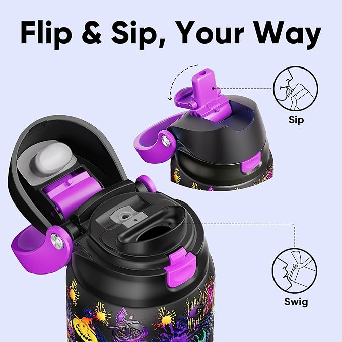Encool SwiftSip Insulated Stainless Steel Water Bottle with Straw - Leak Proof Sports Water Bottle for School, Travel, Keeps Cold All Day, One-Touch Flip Lid, BPA-Free, 32 oz, Ghost Party ENCOOL