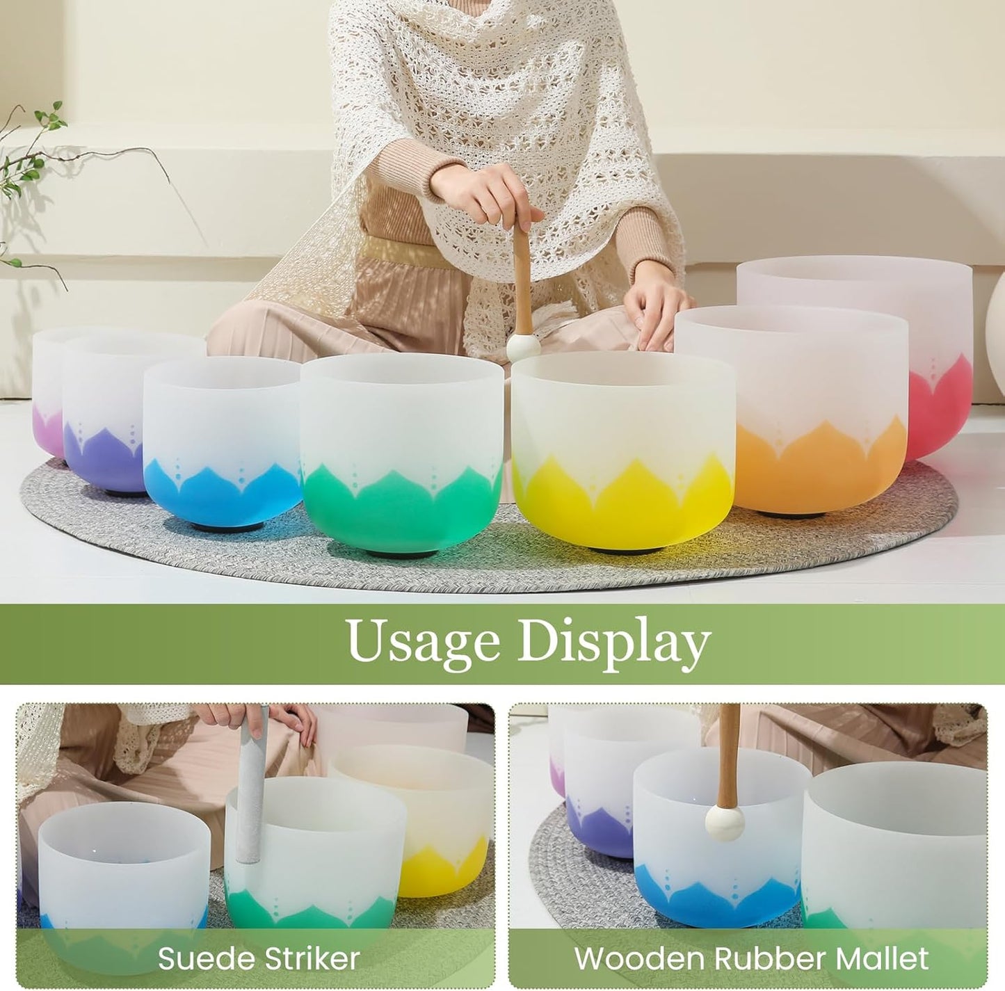 432HZ 6-12 Inch 7 Pcs Lotus Frosted Crystal Singing Bowl Set for Meditation Healing Yoga Chakra Quartz Crystal Sound Bowls with Heavy Duty Carry Cases and Rubber Mallet,Suede Striker,O-rings