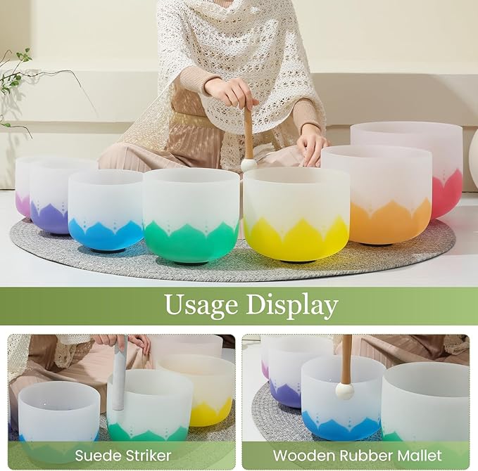 432HZ 6-12 Inch 7 Pcs Lotus Frosted Crystal Singing Bowl Set for Meditation Healing Yoga Chakra Quartz Crystal Sound Bowls with Heavy Duty Carry Cases and Rubber Mallet,Suede Striker,O-rings - Bloomnest