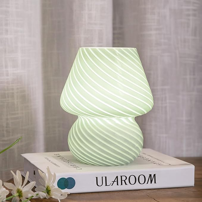 USB Plug-in Mushroom Lamp Small Bedside Table Lamp with 3 Temperature LED Bulb,Free Dimming Nights Light for Bedroom/Living Room/Entryway/Corner Decor (Stripe Green) - Bloomnest