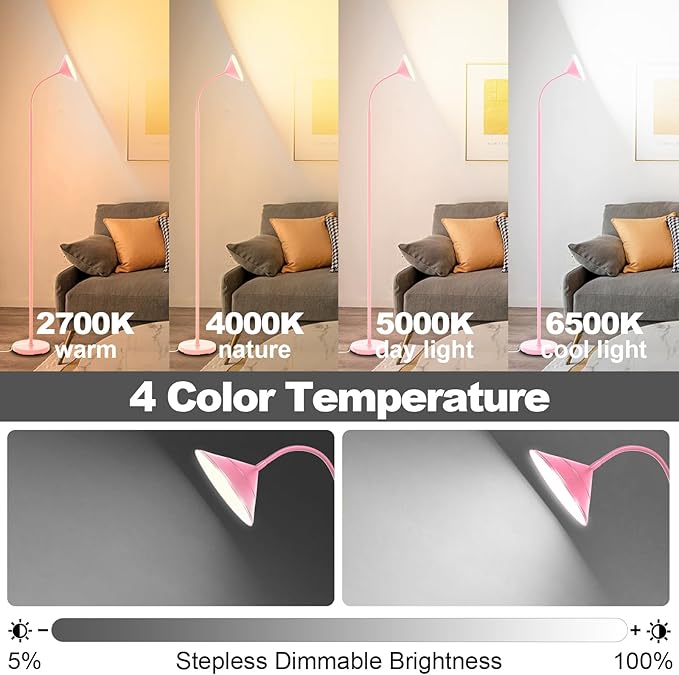 Floor Lamp, 18W Upgraded Bright LED Floor Lamps for Living Room Bedroom with Gooseneck Stepless Dimming & Color 76inch Tall Standing Lamp with Remote & Touch Control Work with Smart Plug (Pink) - Bloomnest