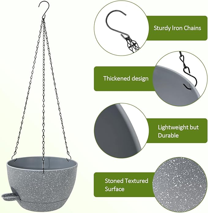 WOUSIWER Self Watering Hanging Planters, 2 Pack 10'' Plastic Pots with Drainage Holes & Reservoir Tray (Speckled Grey) | Indoor & Outdoor Use for Ferns, Ivy, Herbs, Succulents - Bloomnest