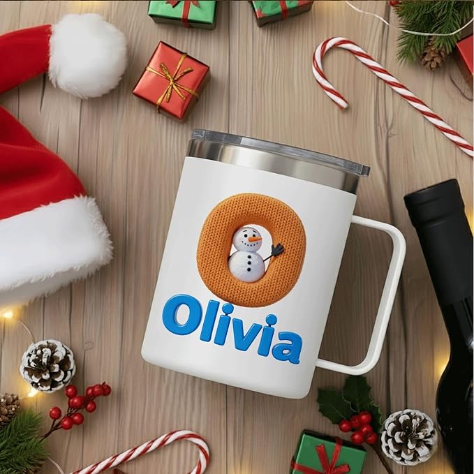 Personalized Christmas Insulated Mug w/Handle, Custom Initial & Name Elf Design, Stainless Steel Tumbler for Hot/Cold Drinks, Unique Holiday Gift for Men, Women, Kids (B123) - Bloomnest