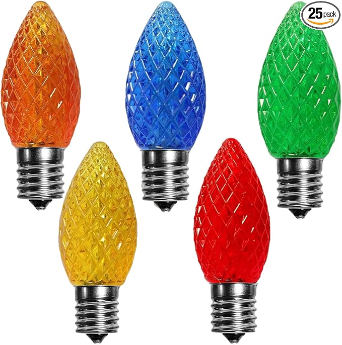 echosari 25 Pack C7 LED Replacement Christmas Light Bulbs 0.8W for Outdoor String Light, UL Listed Commercial Grade Holiday Bulbs, C7/E12 Candelabra Base Sockets (Multicolor) - Bloomnest