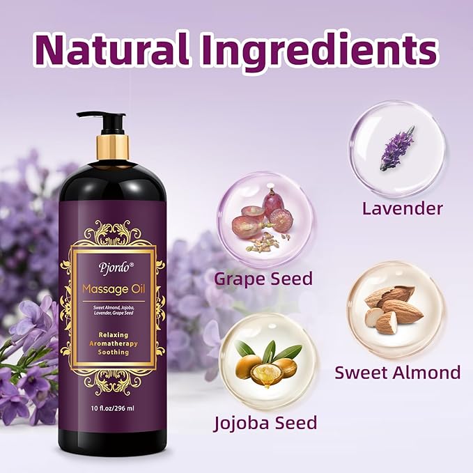 Aromatherapy Lavender Massage Oil, 10 fl oz Relaxing Massage Oil for Massage Therapy with Grape Seed, Sweet Almond & Jojoba, Spa Quality Oils for Soothing, Calming - Bloomnest