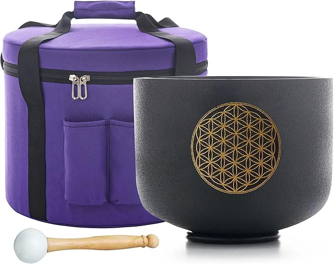 Hye-eun Crystal Singing Bowl 528HZ 8 Inch C Note, Black Sound Healing Crystal Bowl Meditation Sound Bath Life Flower Singing Bowl With Bag