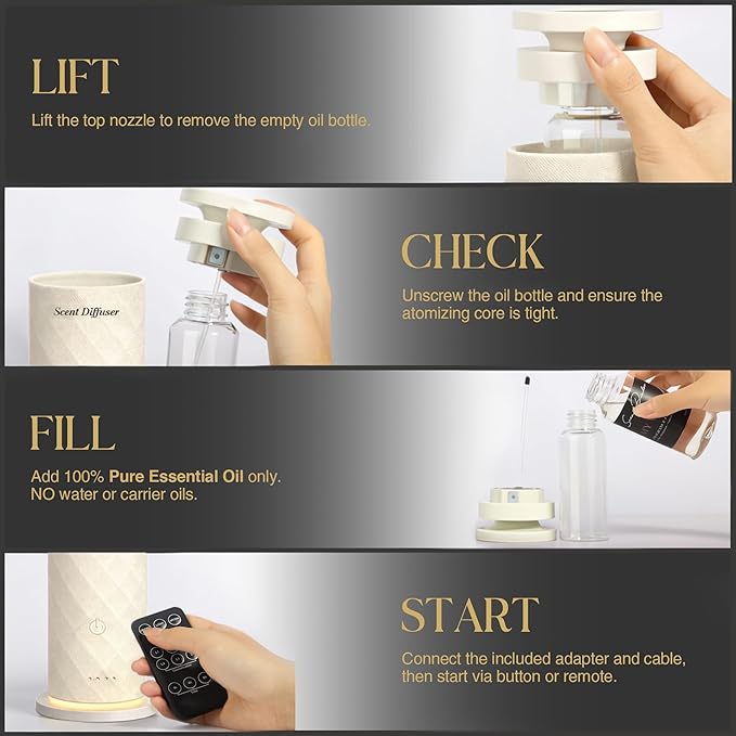 Waterless Scent Diffuser Starter Kit with 5 Oils, Luxury Hotel Style Cold Air Diffuser Oil Machine for Home, 1000 Sq Ft Coverage, Quiet Nebulizing Aromatherapy with Remote, Tower Fabric Design, Cream - Bloomnest