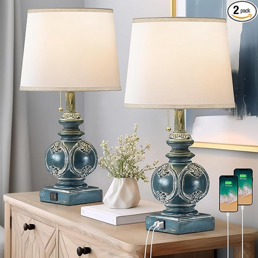 20.75" Farmhouse Table Lamps for Bedroom Set of 2, Rustic Bedside Lamps with 2 USB Port, Retro side table lamp Antique Nightstand Lamp for Living Room End Table Office Country, Traditional Washed Blue - Bloomnest