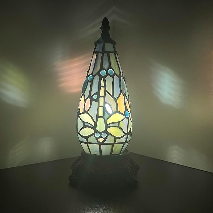 Small Tiffany Lamp Stained Glass Table Lamp 5.5X11 Inch Christmas Tree Lighthouse Mini Accent Memory Sympathy Antique Night Light for Bedroom Living Room (Colorful)