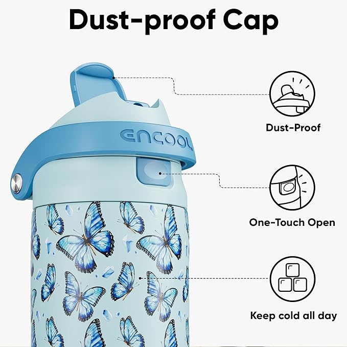 ENCOOL Leakproof Insulated Water Bottle with Straw Dual-Sip Water Bottle Bag-Safe Design for Work, Commute & Gym – Keeps Drinks Cold All Day, 32 oz, Glacier Butterfly ENCOOL