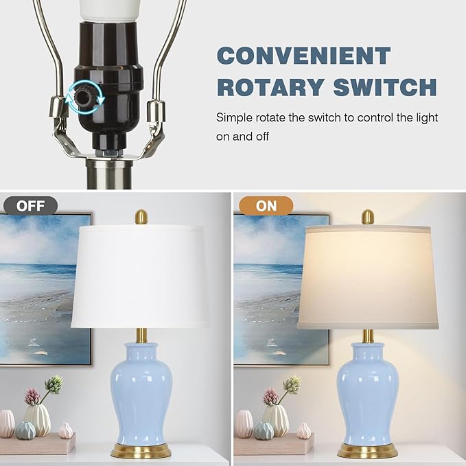 23" Modern Blue Ceramic Table Lamps Set of 2, Coastal Ceramic Lamps for Living Room, Classic Bedside Lamp with Ginger Jar Design, Elegant Bedroom Lamp for Night stand Desk Side End Table Home Decor - Bloomnest