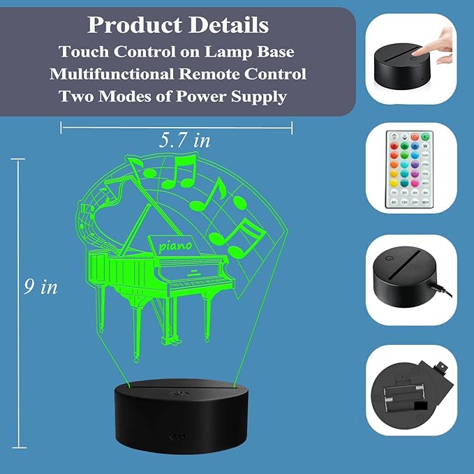 Piano Night Light, Music Piano Gifts, 3D Illusion Lamp with Remote Control, 16 RGB Colors, 4 Flashing Modes, Timer, Dimmable, Kids Music Room Decoration for Holiday Birthday Christmas - Bloomnest