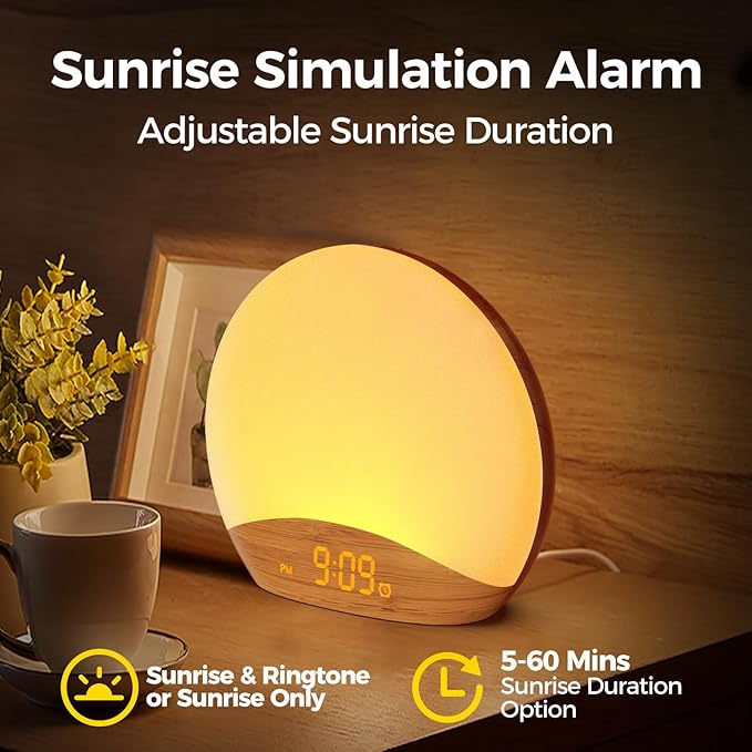 REACHER Wood Grain Sunrise Alarm Clock and Sound Machine Nightlight, Digital Dimmable Clock for Bedroom, 26 Sleep Sounds, White Noise Machine for Baby, Adults, Wake Up Light Alarm Clock for Kids - Bloomnest