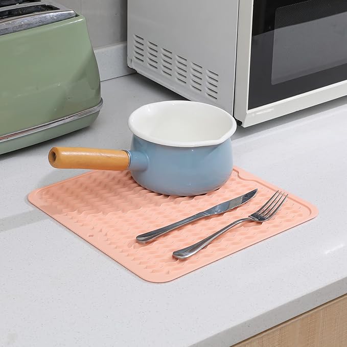 Silicone Dish Drying Mat for Multiple Usage,Easy clean,Eco-friendly,Heat-resistant Silicone Mat for Kitchen Counter or Sink,Refrigerator or Drawer liner Pink M 12 inches x 12 inches - Bloomnest