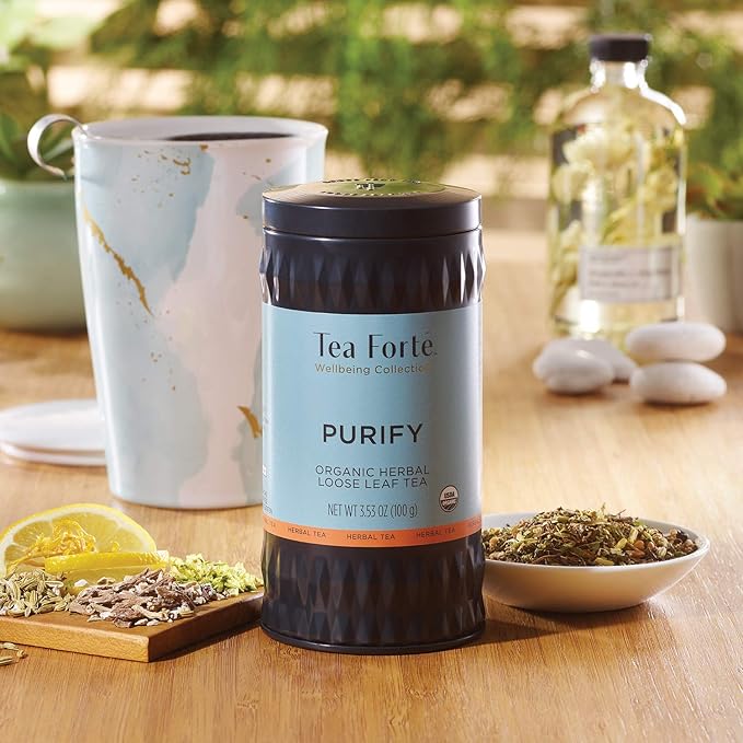 Tea Forte Purify Premium Organic Loose Leaf Caffeinated Herbal Tea Blend Canister, Makes 35-50 Cups - Bloomnest