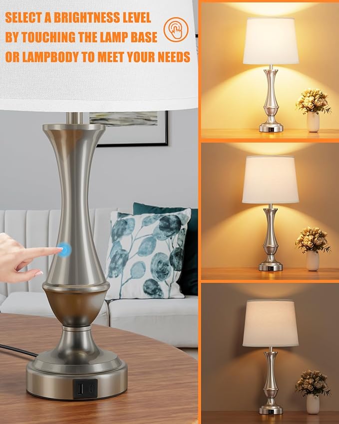 Seealle Upgraded Touch Lamps for Night Stands Set of 2 - Bedside Lamps with USB C+A, 3 Way Dimmable for Bedroom Living Room End Tables Office (White&Nickel) - Bloomnest