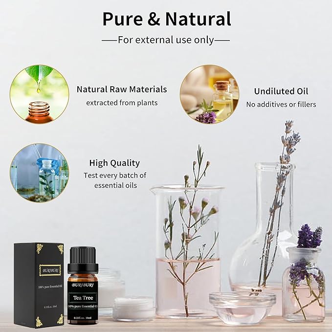 BURIBURI Tea Tree, Eucalyptus and Vanilla Essential Oil Set, 100% Pure 3Pcs Essential Oils Gift Set for Diffusers BURIBURI