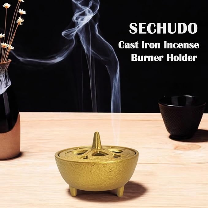 Small Cast Iron Incense Burner Holder, Home Decor, Bowl Design with Lid, Golden Incense for Sticks, Resin, Cone Incense or Wax Melts, Cense with Stand Base for Yoga, Spa, Room, Office - Bloomnest