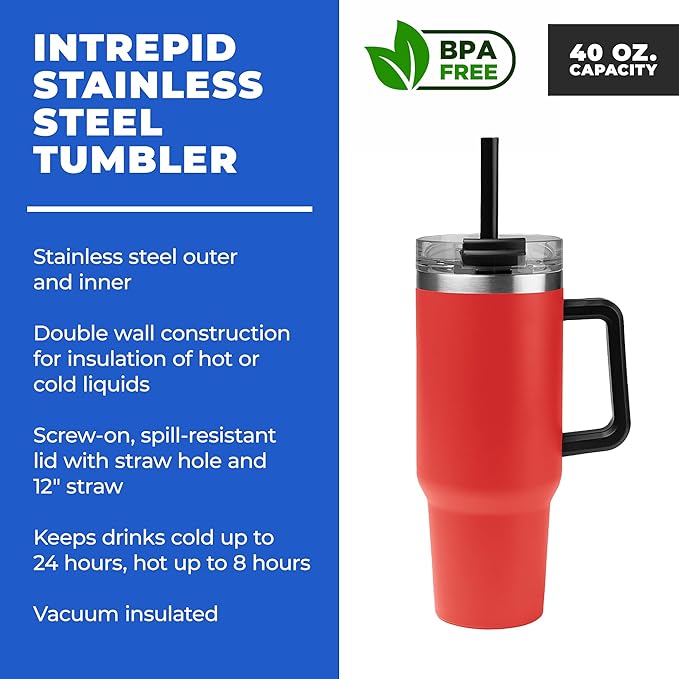 10 Ct of 40 Oz Intrepid Stainless Steel Tumbler with Lid, Straw & Handle – Red – Customizable Insulated Cups for Water, Coffee, Hot & Iced Drinks – Great for DIY, Events, Work - Bloomnest