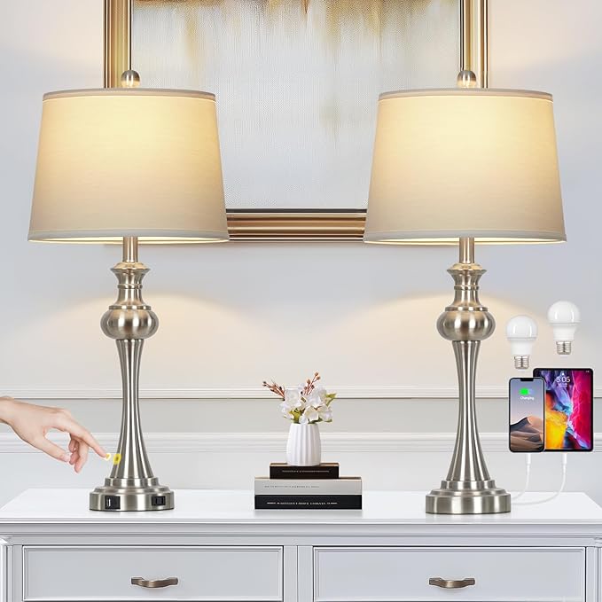 28.75"Silver Table Lamps Set of 2, 3 Way Touch Control Living Room Lamps with USB A+C Ports & Outlets , Modern Bedside Lamps, Elegant Metal Nightstand Lamps for Bedroom Office End Table Decoration - Bloomnest