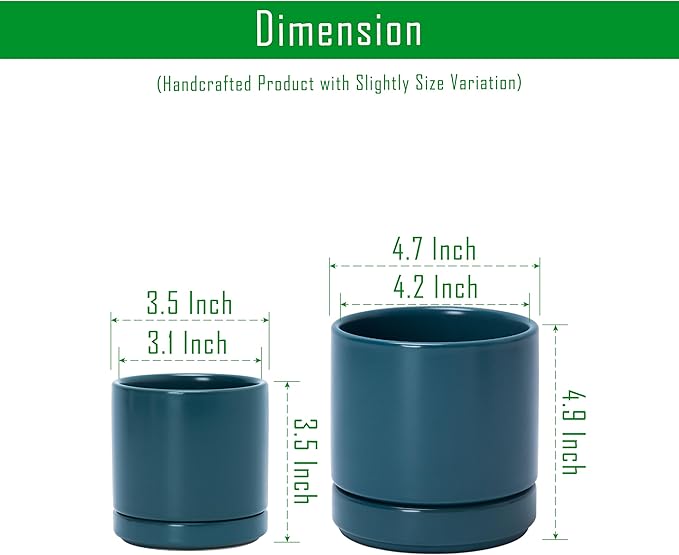 D'vine Dev 3.5 Inch & 4.7 Inch Ceramic Planter Pots for Plants with Drainage Hole and Saucer, X-Small Plant Pots Set, Teal, 94-G-XS-9 - Bloomnest