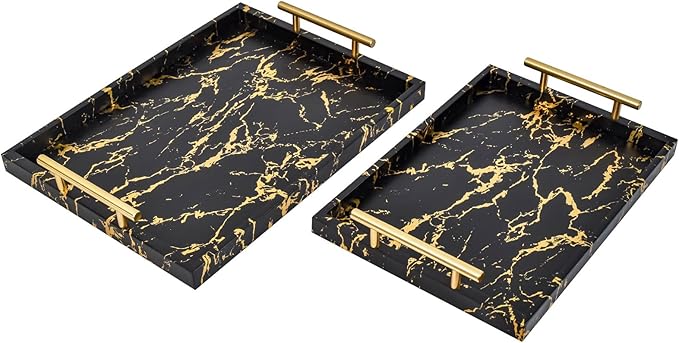 Modern Decorative Tray Set of 2 - Black and Gold Marble Wood Serving Tray with Gold Polished Metal Handles for Ottoman, Coffee Table, and More - Bloomnest
