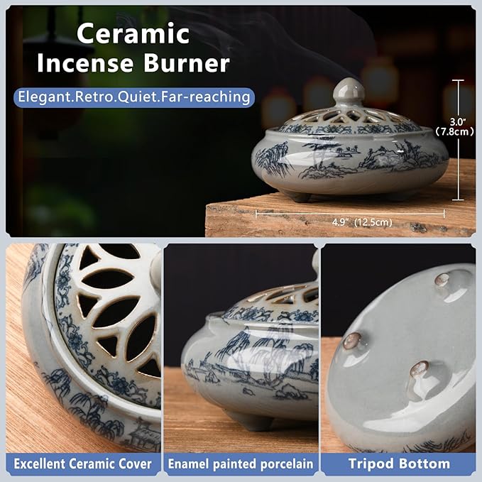 Ceramic Incense Burner with Holder for Stick/Coil Incense,Sage Cones and Mosquito Incense Handmade Smudging Burn Bowl for Cleansing Negative Indoor Energy and Other Incense Rituals, Cyan - Bloomnest