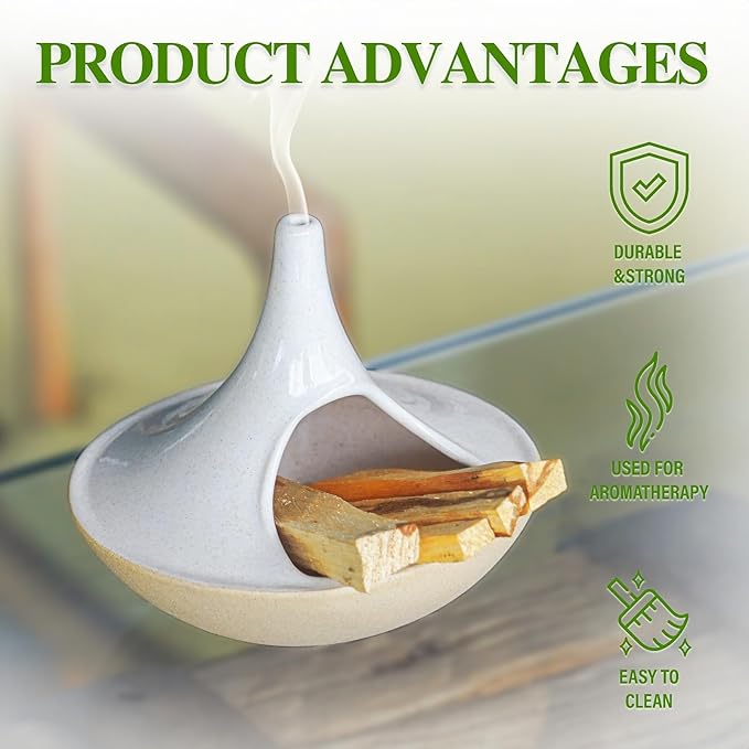 3 in 1 Incense Holder for Palo Santo Sticks Sage Bundles Cone Incense, Handcrafted Ceramic Incense Burner Holder Ash Catcher with Chimney, Smudge Bowl for Yoga Meditation Home Decor (Chimney White) GRAMSTORMAX